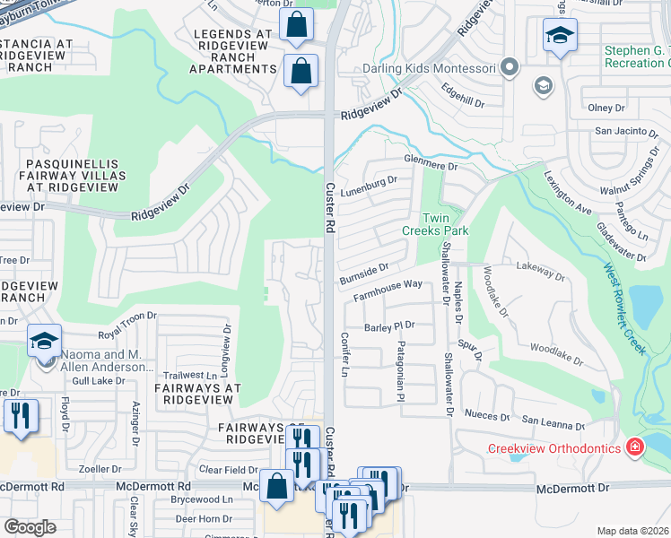 map of restaurants, bars, coffee shops, grocery stores, and more near 2037 Huntcliffe Court in Allen