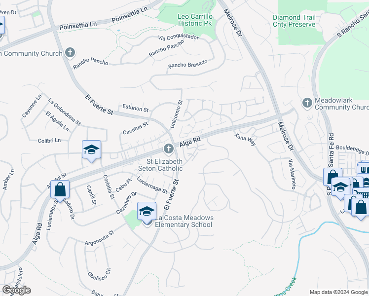 map of restaurants, bars, coffee shops, grocery stores, and more near 6970 Ballena Way in Carlsbad