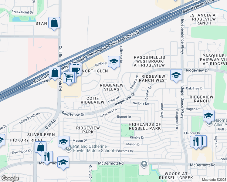 map of restaurants, bars, coffee shops, grocery stores, and more near 3413 Porter Creek Drive in Plano