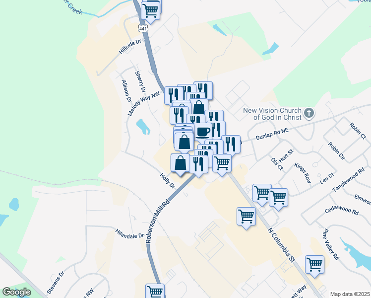 map of restaurants, bars, coffee shops, grocery stores, and more near 2400 North Columbia Street in Milledgeville