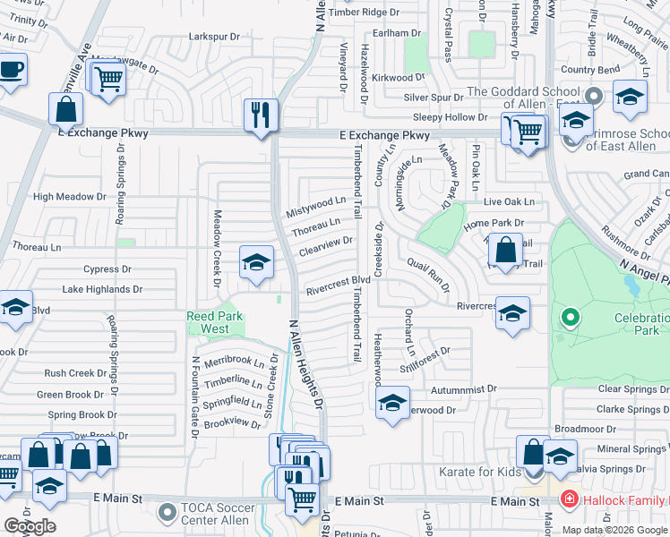 map of restaurants, bars, coffee shops, grocery stores, and more near 1316 Springview Drive in Allen