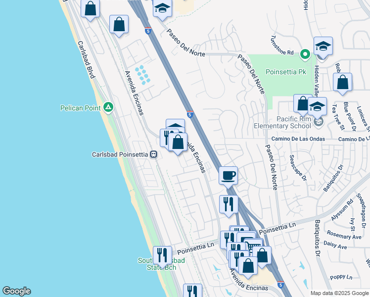 map of restaurants, bars, coffee shops, grocery stores, and more near 6803 Embarcadero Lane in Carlsbad