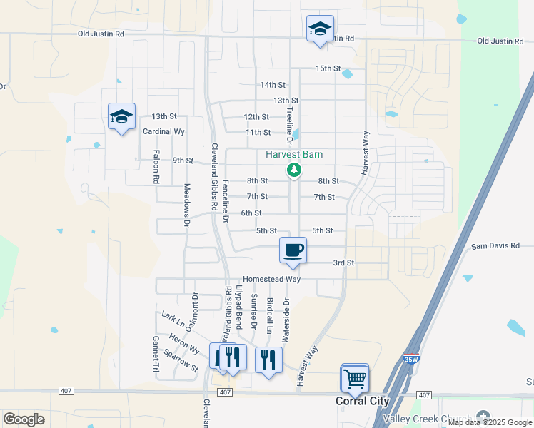 map of restaurants, bars, coffee shops, grocery stores, and more near 1425 6th Street in Argyle
