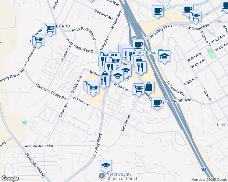 map of restaurants, bars, coffee shops, grocery stores, and more near in Escondido