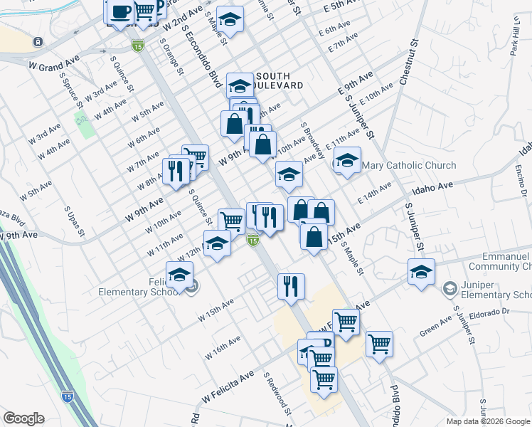 map of restaurants, bars, coffee shops, grocery stores, and more near 1226 South Orange Street in Escondido