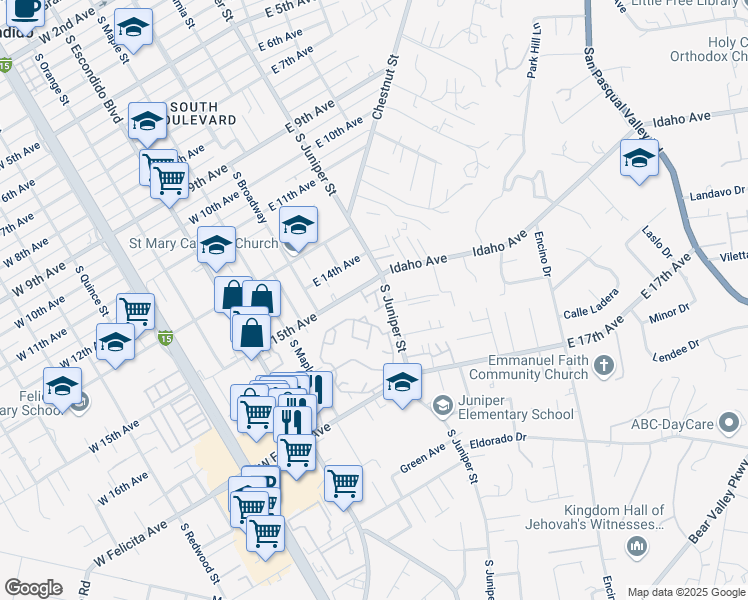 map of restaurants, bars, coffee shops, grocery stores, and more near 1529 Hornbeam Glen in Escondido