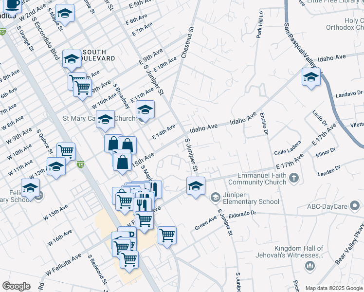 map of restaurants, bars, coffee shops, grocery stores, and more near 1502 Rowan Glen in Escondido