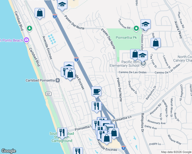 map of restaurants, bars, coffee shops, grocery stores, and more near 821 Skysail Avenue in Carlsbad