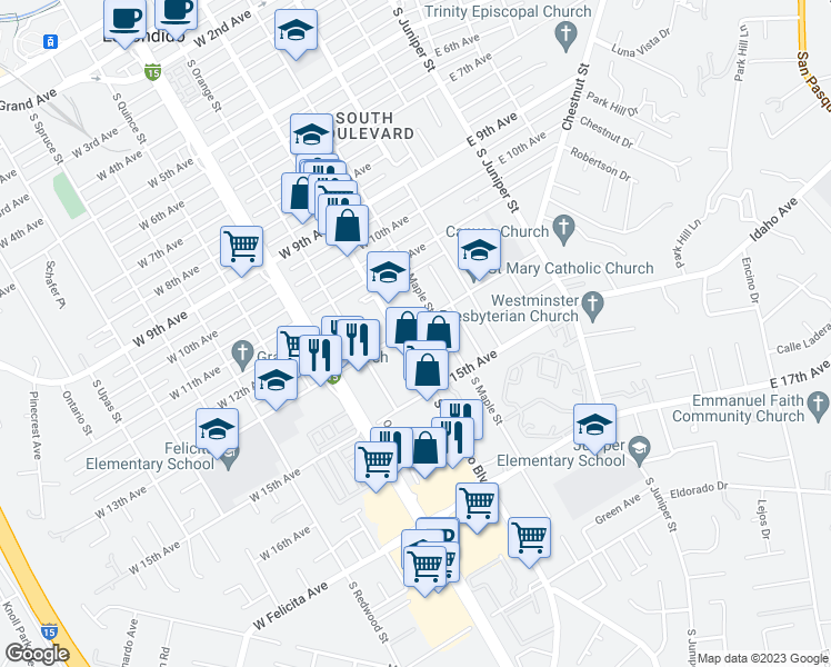 map of restaurants, bars, coffee shops, grocery stores, and more near 241 West 13th Avenue in Escondido