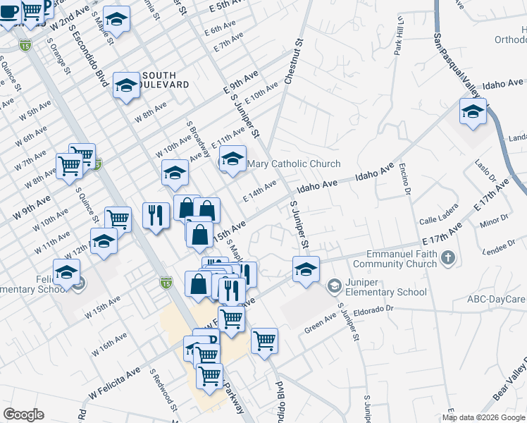 map of restaurants, bars, coffee shops, grocery stores, and more near 126 East 15th Avenue in Escondido