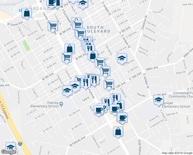 map of restaurants, bars, coffee shops, grocery stores, and more near 1222 South Orange Street in Escondido