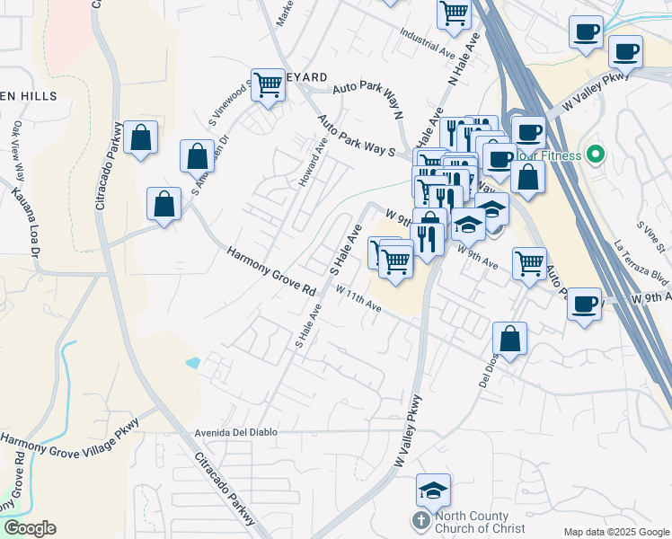 map of restaurants, bars, coffee shops, grocery stores, and more near 1800 Harmony Grove Road in Escondido