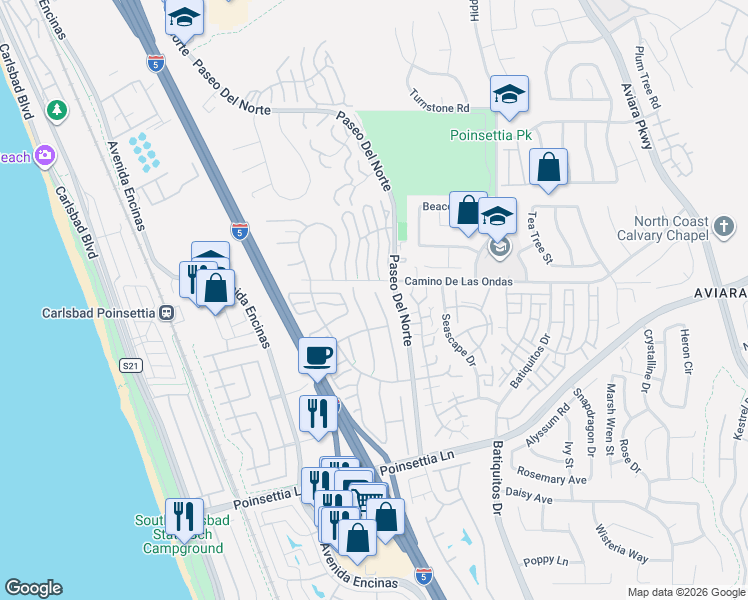 map of restaurants, bars, coffee shops, grocery stores, and more near 6817 Watercourse Drive in Carlsbad