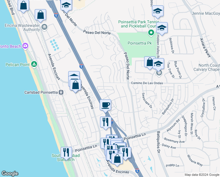 map of restaurants, bars, coffee shops, grocery stores, and more near 835 Skysail Avenue in Carlsbad