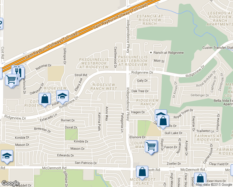 map of restaurants, bars, coffee shops, grocery stores, and more near 9621 Gold Hills Drive in Plano