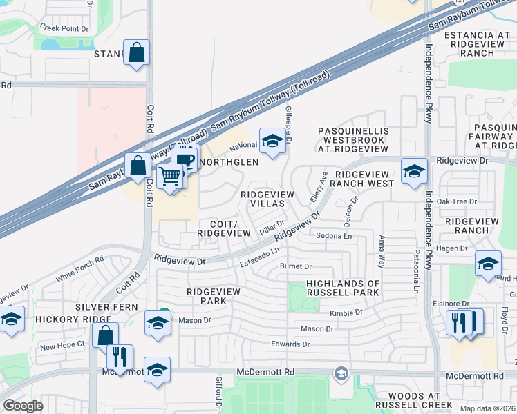 map of restaurants, bars, coffee shops, grocery stores, and more near 3536 Flat Creek Drive in Plano