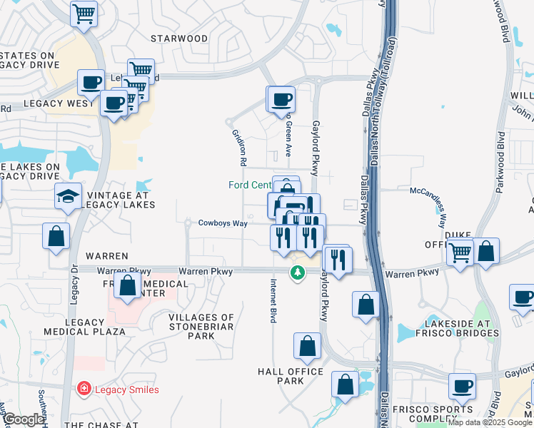 map of restaurants, bars, coffee shops, grocery stores, and more near 6635 Cowboys Way in Frisco