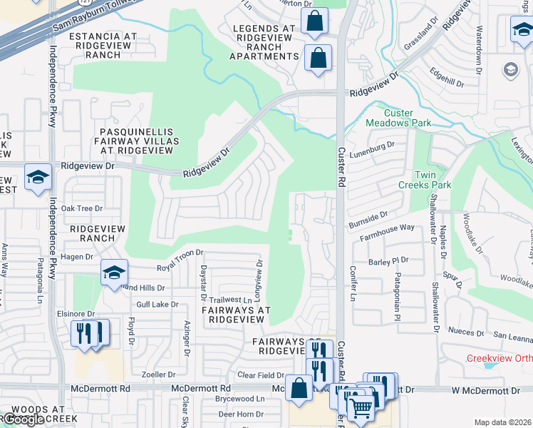map of restaurants, bars, coffee shops, grocery stores, and more near 9708 Zembriski Dr in Plano