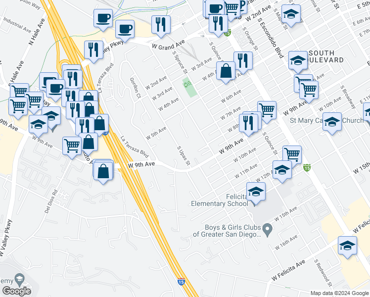 map of restaurants, bars, coffee shops, grocery stores, and more near 720 South Upas Street in Escondido