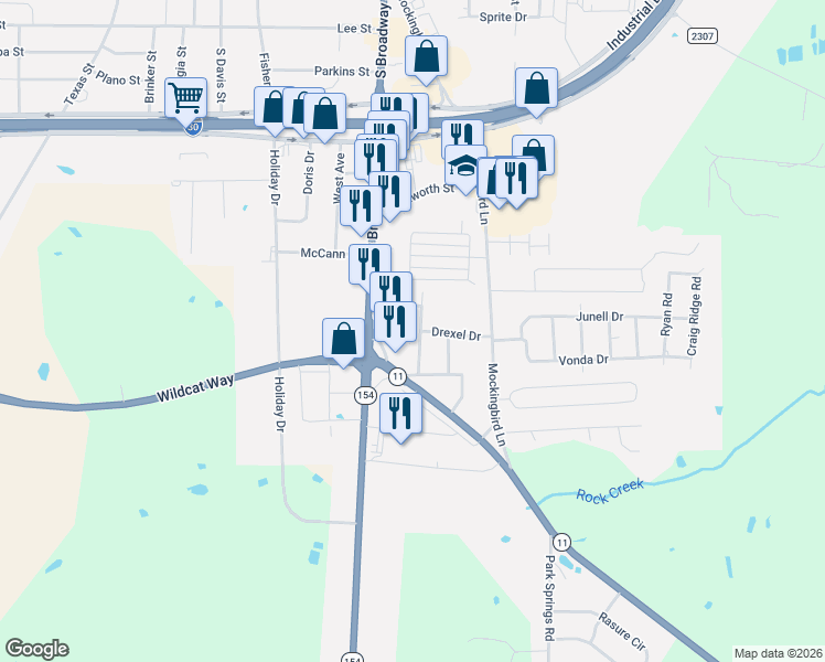 map of restaurants, bars, coffee shops, grocery stores, and more near 1523 San Jacinto Street in Sulphur Springs