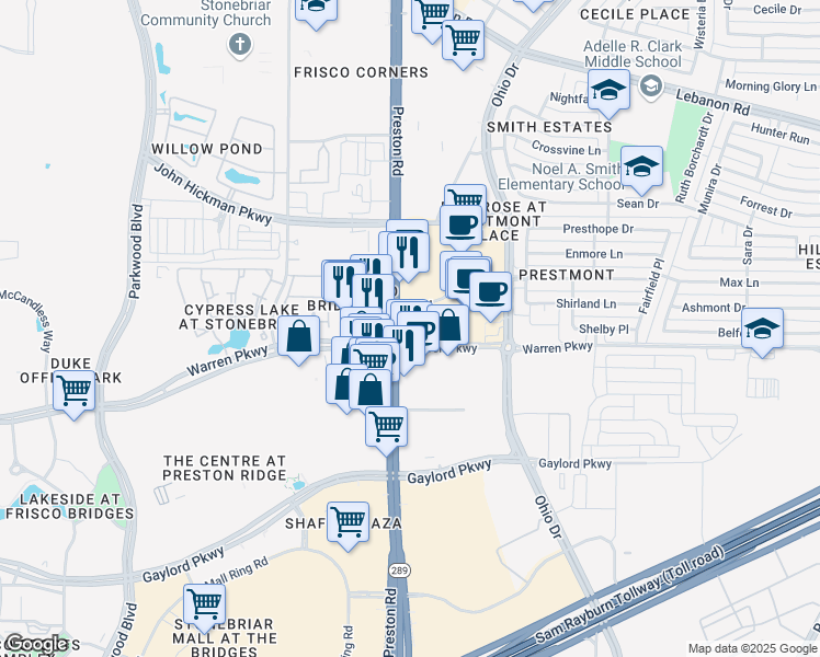 map of restaurants, bars, coffee shops, grocery stores, and more near 3650 Preston Road in Frisco