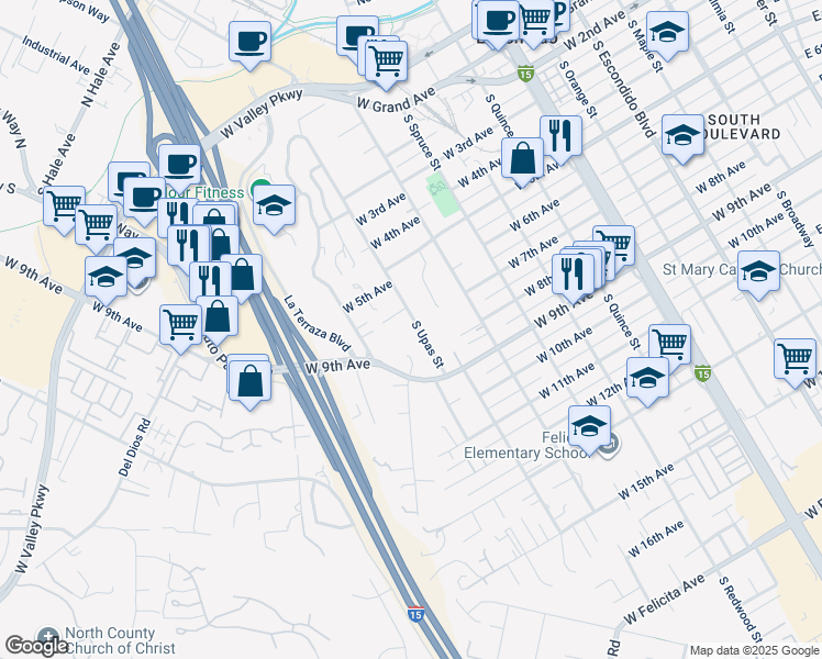 map of restaurants, bars, coffee shops, grocery stores, and more near 655 South Upas Street in Escondido