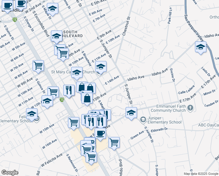 map of restaurants, bars, coffee shops, grocery stores, and more near 126 East 15th Avenue in Escondido