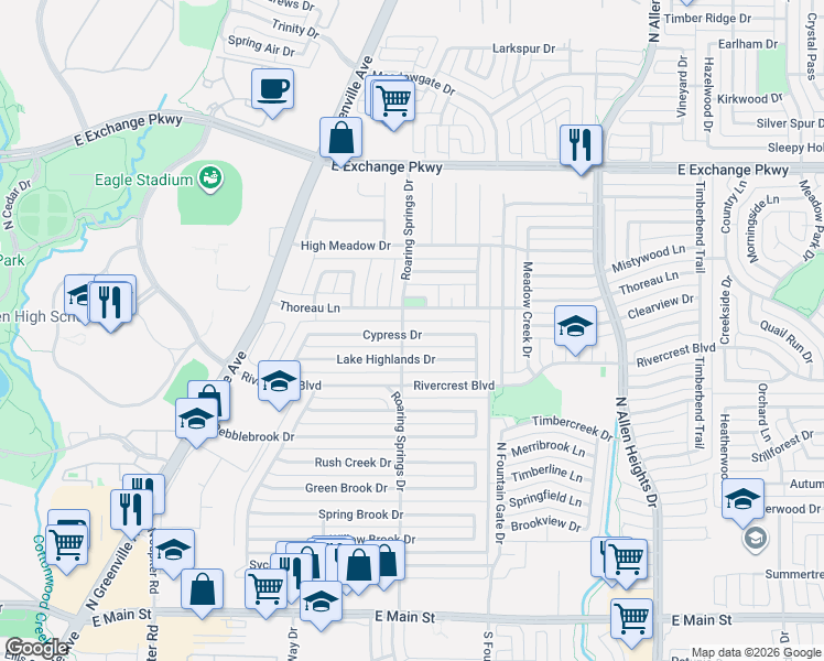map of restaurants, bars, coffee shops, grocery stores, and more near 816 Cypress Drive in Allen