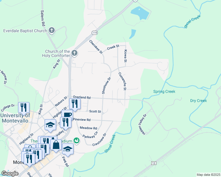 map of restaurants, bars, coffee shops, grocery stores, and more near 165 Pinewood Lane in Montevallo