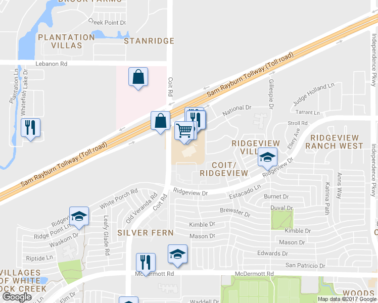 map of restaurants, bars, coffee shops, grocery stores, and more near 9700 Coit Road in Plano