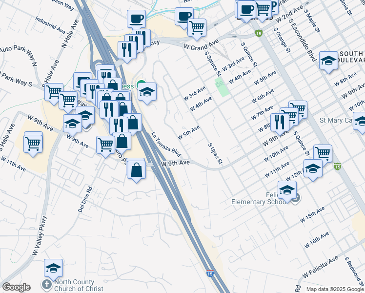 map of restaurants, bars, coffee shops, grocery stores, and more near 635 South Vine Street in Escondido