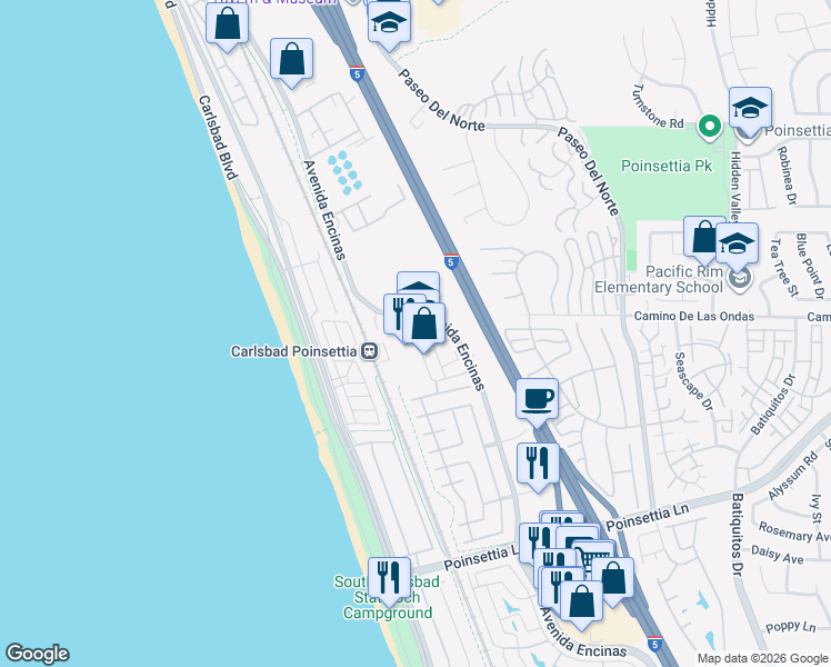 map of restaurants, bars, coffee shops, grocery stores, and more near 6804 Embarcadero Lane in Carlsbad