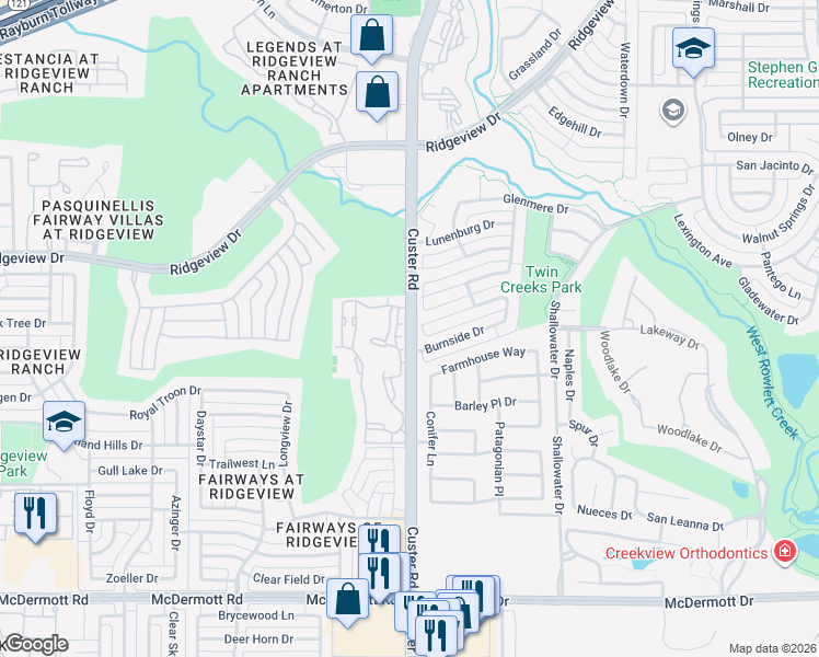map of restaurants, bars, coffee shops, grocery stores, and more near 2037 Huntcliffe Court in Allen