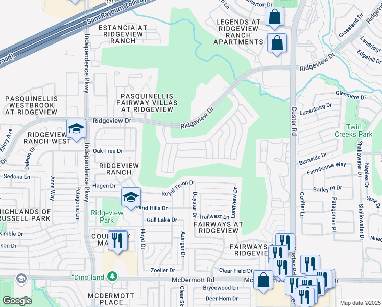 map of restaurants, bars, coffee shops, grocery stores, and more near 2613 Geiberger Drive in Plano