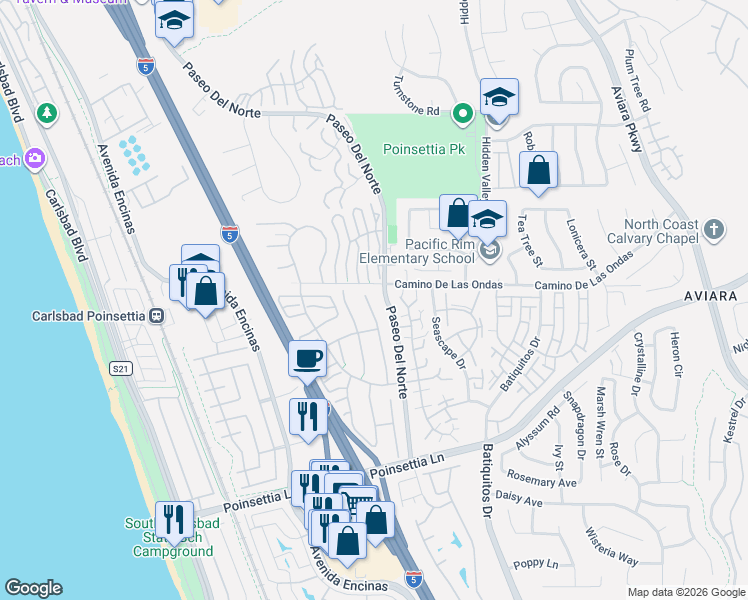 map of restaurants, bars, coffee shops, grocery stores, and more near 6808 Watercourse Drive in Carlsbad