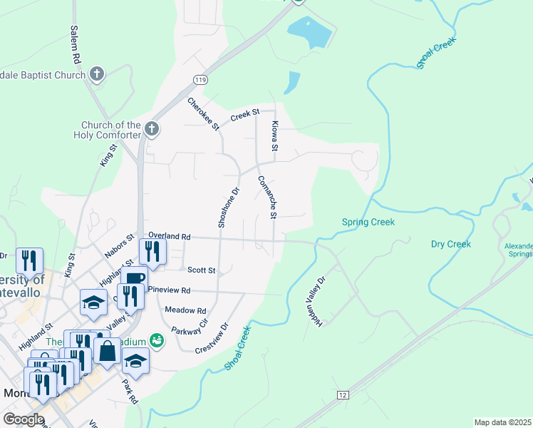 map of restaurants, bars, coffee shops, grocery stores, and more near 170 Town Lane in Montevallo