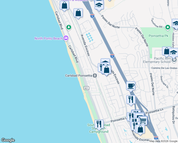 map of restaurants, bars, coffee shops, grocery stores, and more near 6550 Ponto Drive in Carlsbad