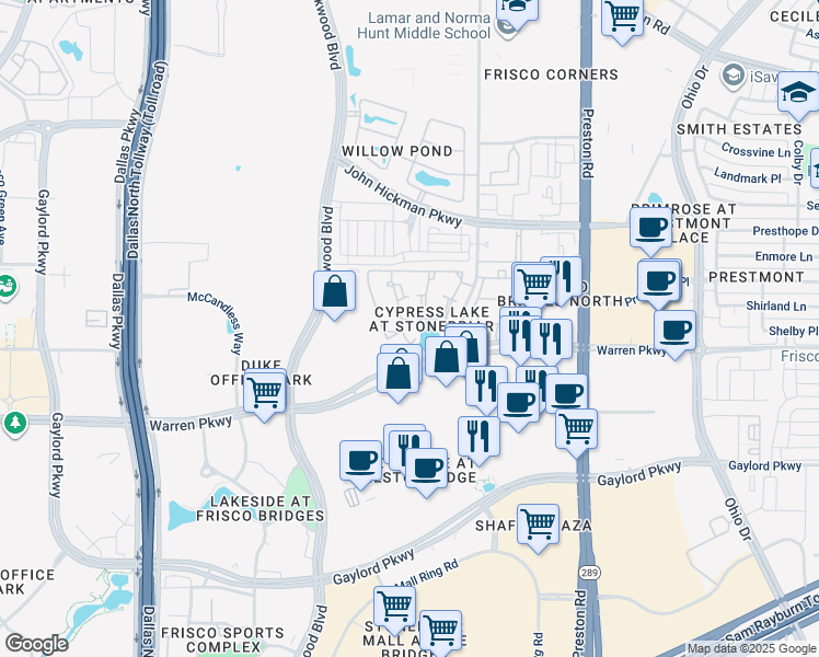 map of restaurants, bars, coffee shops, grocery stores, and more near 8404 Warren Parkway in Frisco