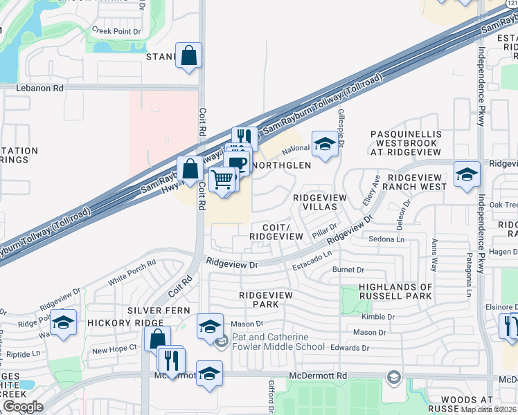 map of restaurants, bars, coffee shops, grocery stores, and more near 3629 Oakstone Drive in Plano