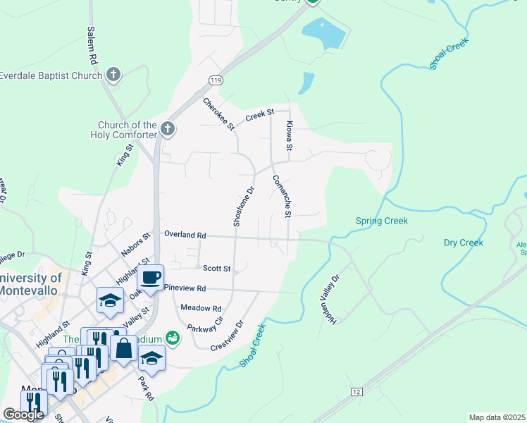 map of restaurants, bars, coffee shops, grocery stores, and more near 165 Pinewood Lane in Montevallo