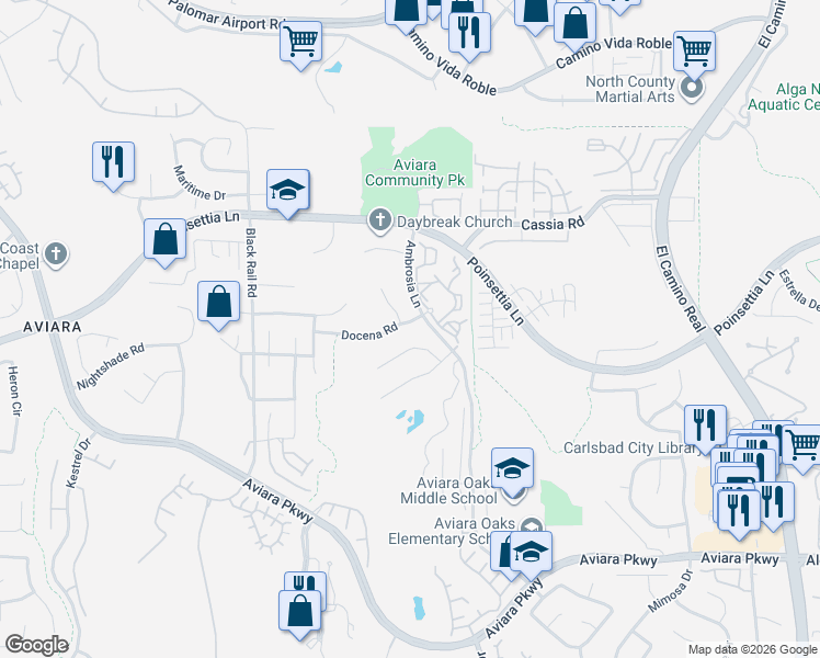 map of restaurants, bars, coffee shops, grocery stores, and more near 1689 Docena Road in Carlsbad