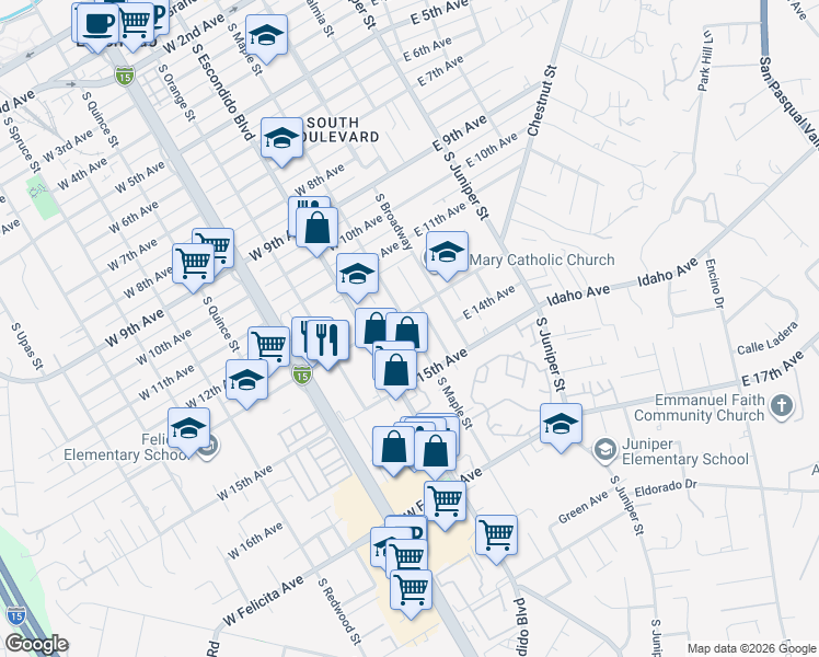 map of restaurants, bars, coffee shops, grocery stores, and more near 1325 South Maple Street in Escondido