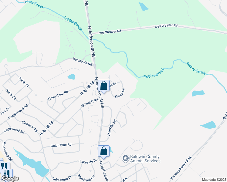 map of restaurants, bars, coffee shops, grocery stores, and more near 1908 Karen Circle in Milledgeville