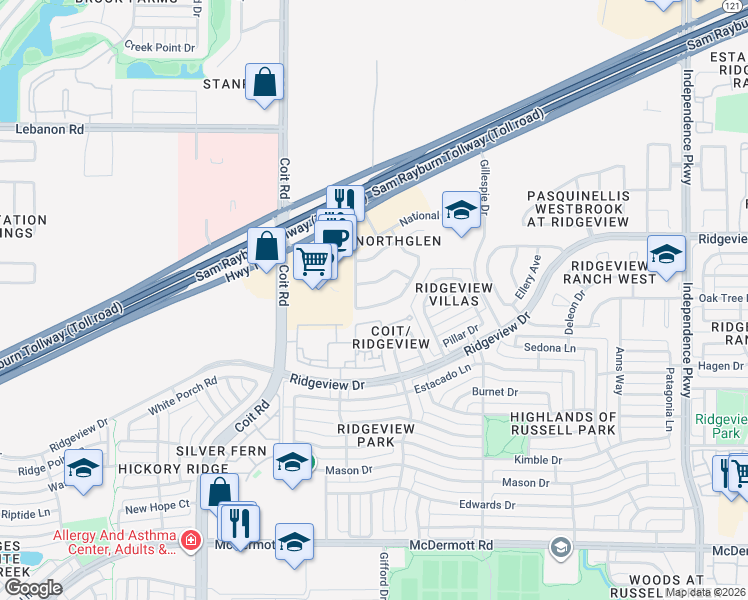 map of restaurants, bars, coffee shops, grocery stores, and more near 3616 Oakstone Drive in Plano