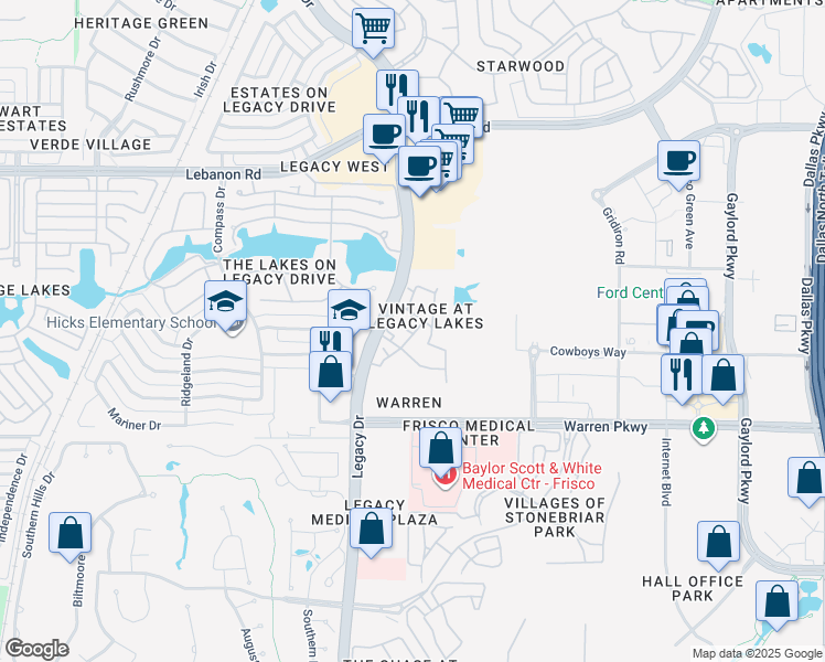 map of restaurants, bars, coffee shops, grocery stores, and more near 3700 Legacy Drive in Frisco