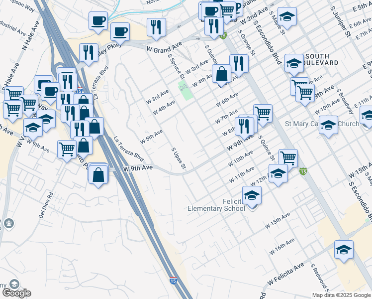 map of restaurants, bars, coffee shops, grocery stores, and more near 720 South Upas Street in Escondido