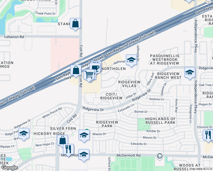 map of restaurants, bars, coffee shops, grocery stores, and more near 3616 Oakstone Drive in Plano