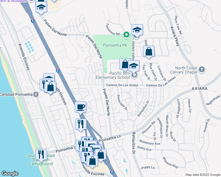map of restaurants, bars, coffee shops, grocery stores, and more near 6815 Zinnia Court in Carlsbad