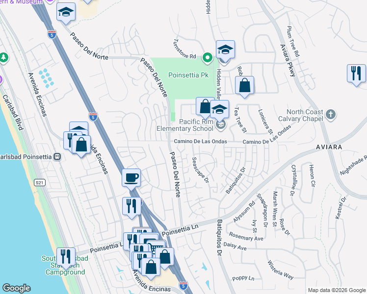 map of restaurants, bars, coffee shops, grocery stores, and more near 842 Bluebell Court in Carlsbad