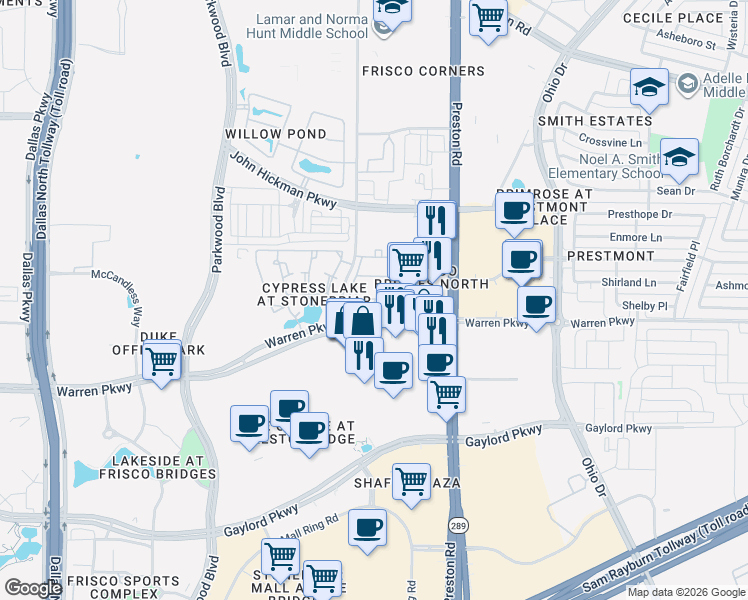 map of restaurants, bars, coffee shops, grocery stores, and more near 8568 Warren Parkway in Frisco